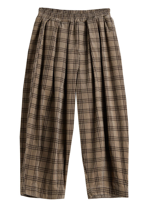 Boutique Beige Elastic Waist Plaid Cotton Pants Spring