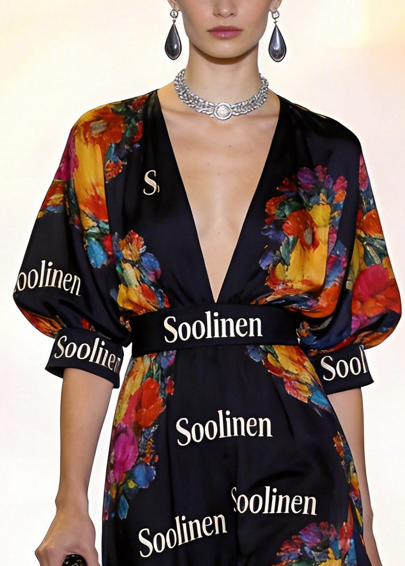 Boutique Black Deep-v Neck Print Chiffon Long Dress Puff Sleeve