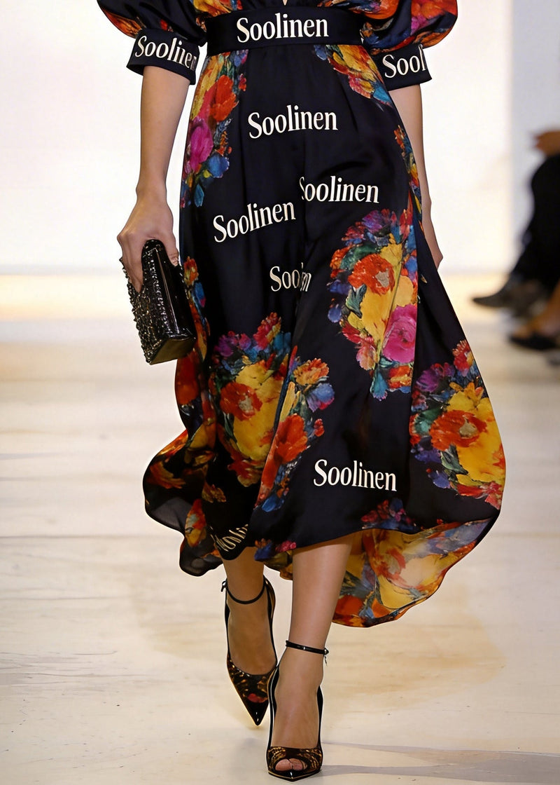 Boutique Black Deep-v Neck Print Chiffon Long Dress Puff Sleeve