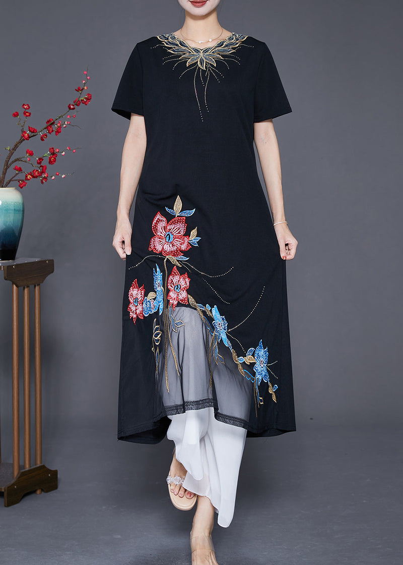 Boutique Black Embroideried Patchwork Tulle Cotton Vacation Dresses Summer