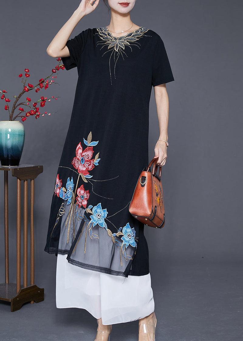 Boutique Black Embroideried Patchwork Tulle Cotton Vacation Dresses Summer