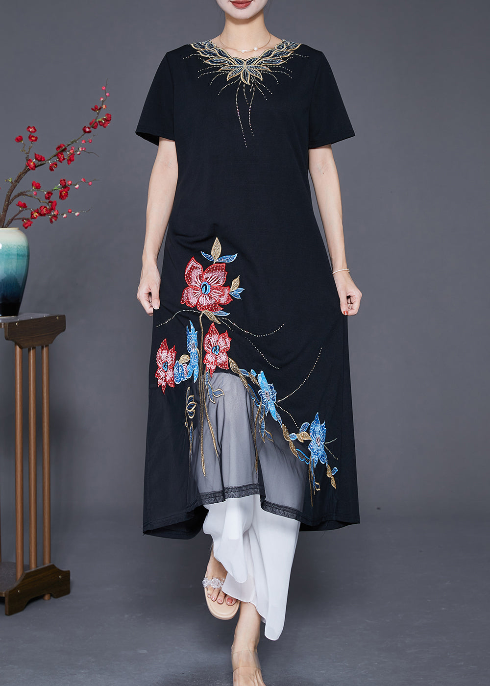 Boutique Black Embroideried Patchwork Tulle Cotton Vacation Dresses Summer