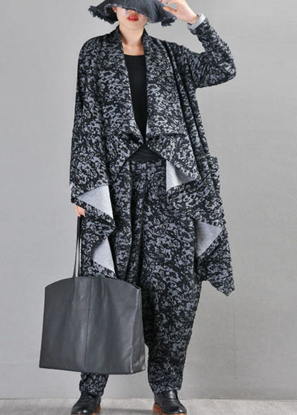 Boutique Black Grey Knit Asymmetrical Design Print Fall Coat