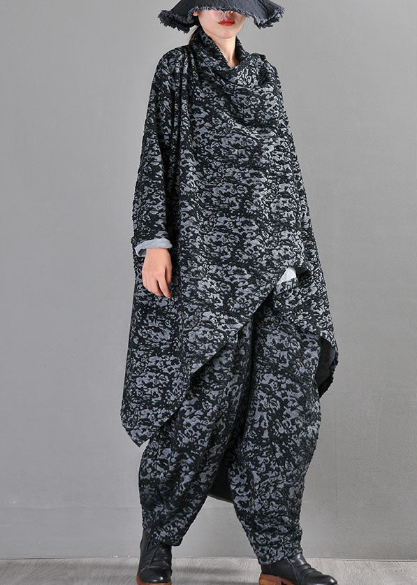 Boutique Black Grey Knit Asymmetrical Design Print Fall Coat