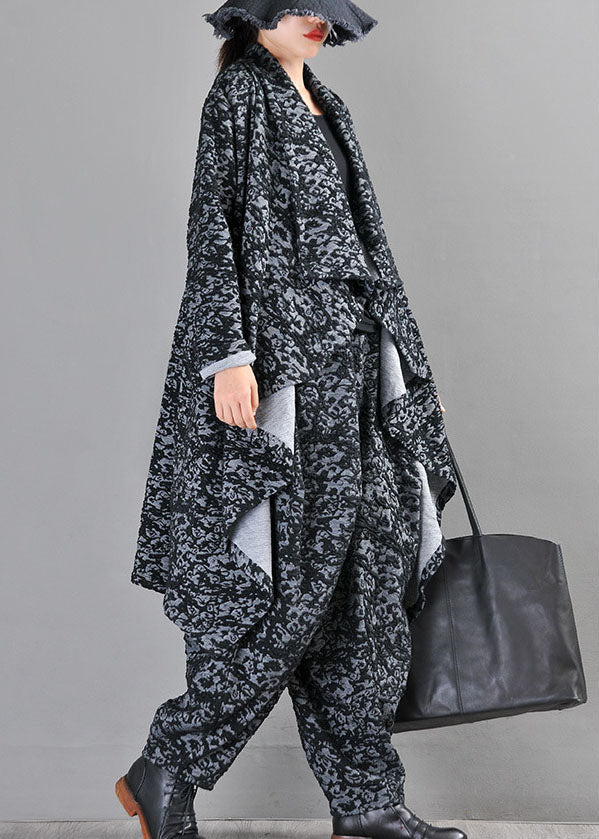 Boutique Black Grey Knit Asymmetrical Design Print Fall Coat