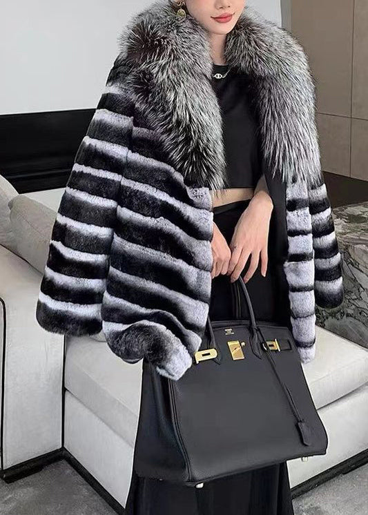 Boutique Black Grey V Neck Fur Collar Patchwork the Rabbit Wool Coat Winter