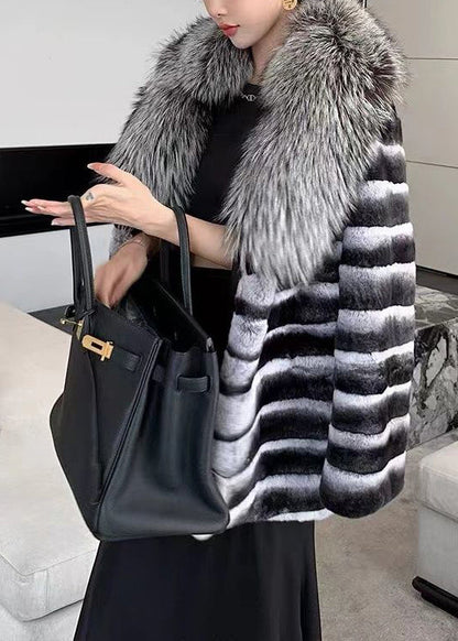 Boutique Black Grey V Neck Fur Collar Patchwork the Rabbit Wool Coat Winter