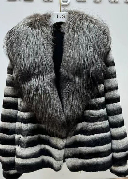 Boutique Black Grey V Neck Fur Collar Patchwork the Rabbit Wool Coat Winter