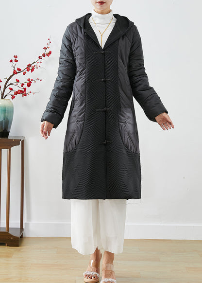 Boutique Black Hooded Patchwork Chinese Button Fine Cotton Filled Jacket in Winter