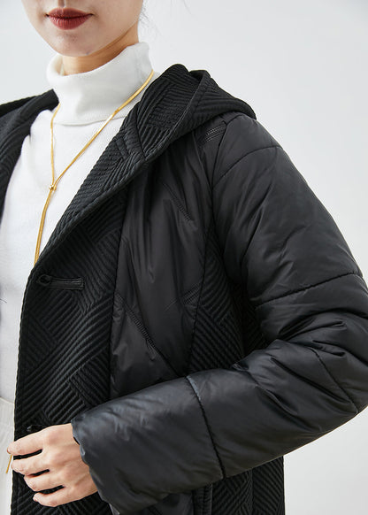 Boutique Black Hooded Patchwork Chinese Button Fine Cotton Filled Jacket in Winter