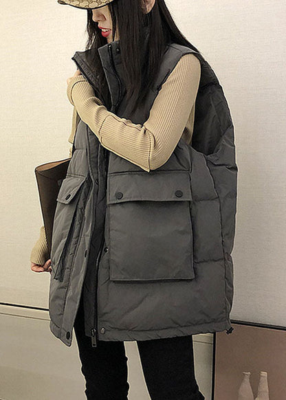Boutique Black Loose Stand Collar Pockets Winter Down Vest