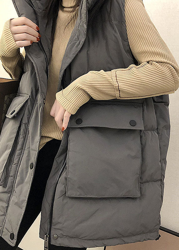 Boutique Black Loose Stand Collar Pockets Winter Down Vest