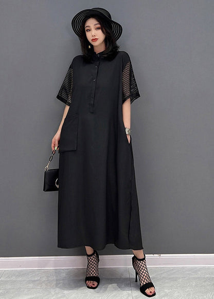 Boutique Black O-neck Button Pockets Side Open Dress Short Sleeve