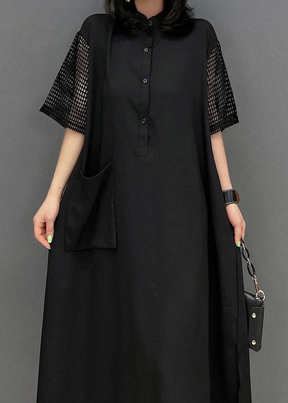 Boutique Black O-neck Button Pockets Side Open Dress Short Sleeve