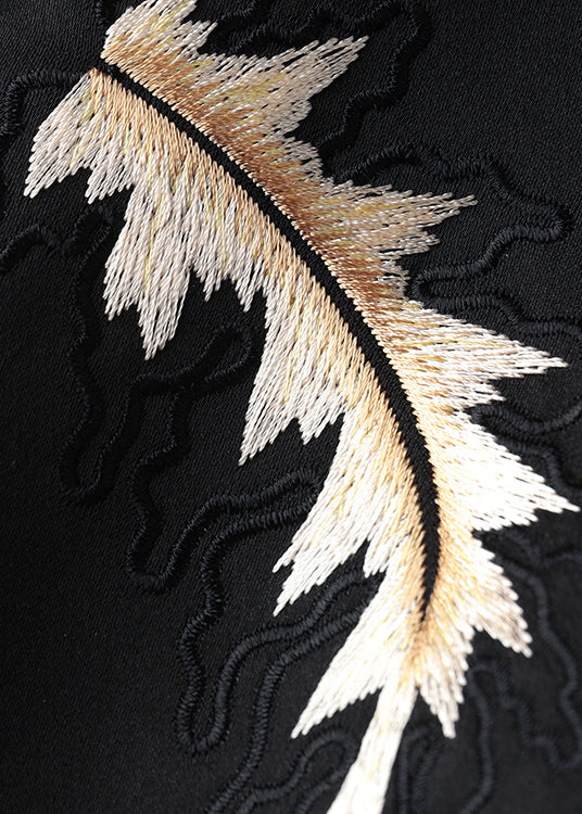Boutique Black O-neck Embroideried Patchwork Silk Coats Fall
