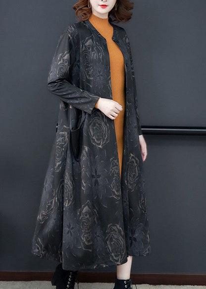 Boutique Black O-neck Patchwork Print Pockets Silk Trench Long Sleeve