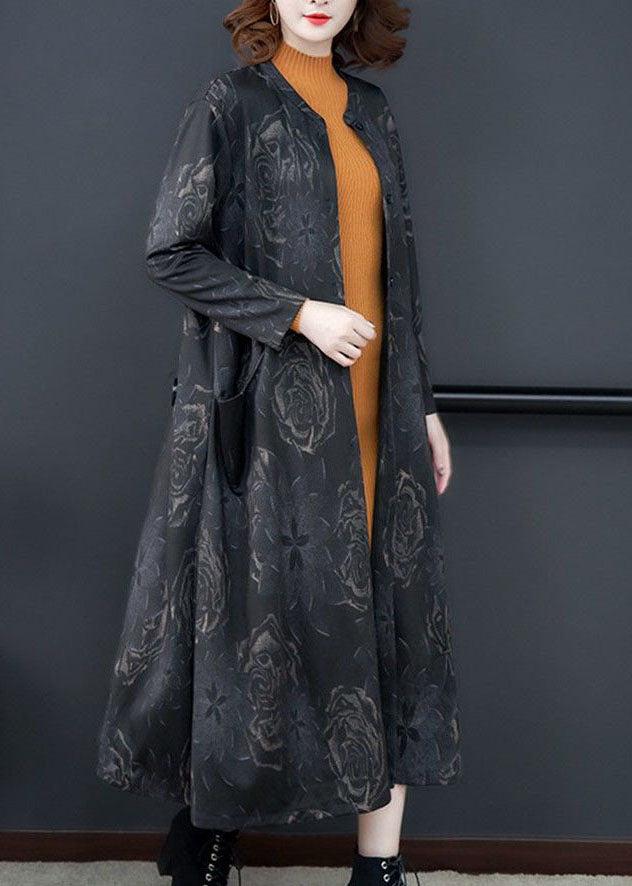Boutique Black O-neck Patchwork Print Pockets Silk Trench Long Sleeve