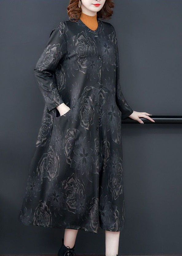 Boutique Black O-neck Patchwork Print Pockets Silk Trench Long Sleeve