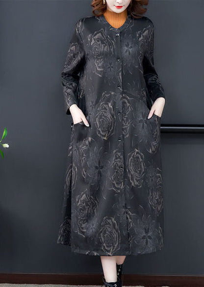 Boutique Black O-neck Patchwork Print Pockets Silk Trench Long Sleeve