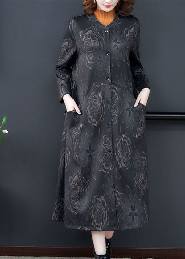 Boutique Black O-neck Patchwork Print Pockets Silk Trench Long Sleeve