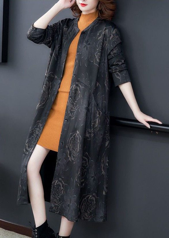 Boutique Black O-neck Patchwork Print Pockets Silk Trench Long Sleeve