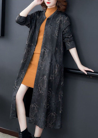 Boutique Black O-neck Patchwork Print Pockets Silk Trench Long Sleeve