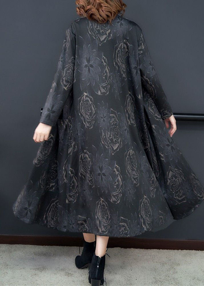 Boutique Black O-neck Patchwork Print Pockets Silk Trench Long Sleeve