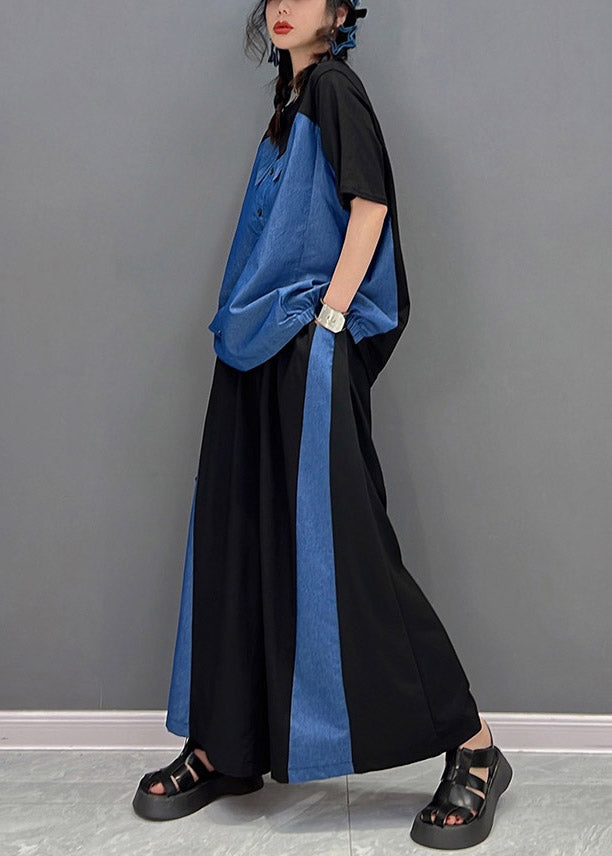 Boutique Black O-neck Patchwork Top and Long Pants Two Piece Set Summer