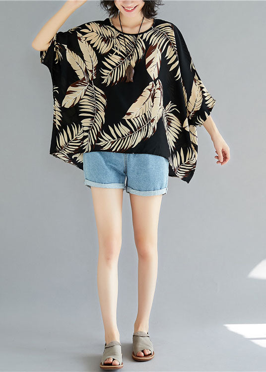 Boutique Black O-neck Print Asymmetrical Design Fall Half Sleeve Blouse Top