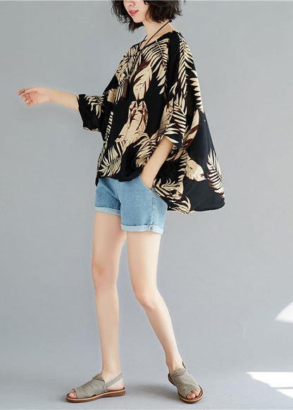Boutique Black O-neck Print Asymmetrical Design Fall Half Sleeve Blouse Top