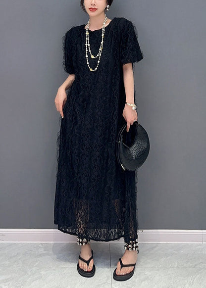 Boutique Black O-neck Ruffled Patchwork Long Lace Dress Summer