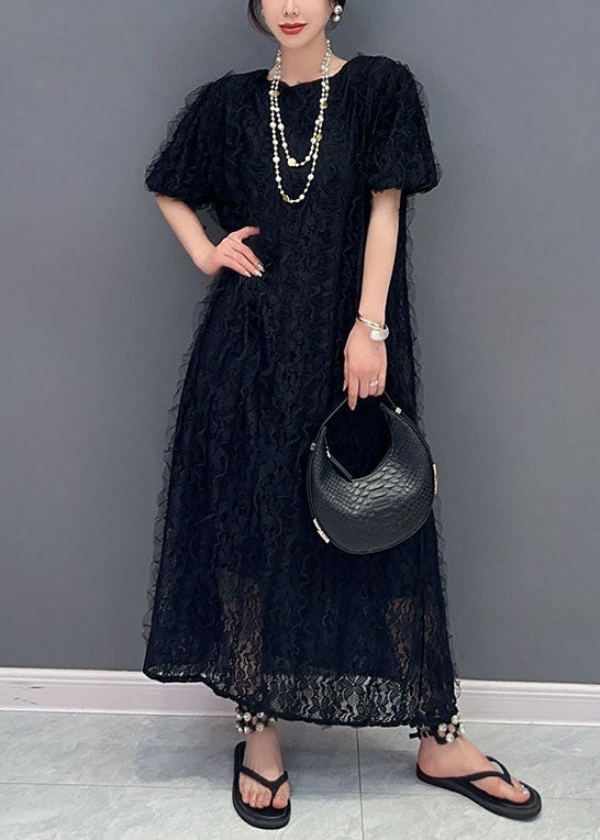 Boutique Black O-neck Ruffled Patchwork Long Lace Dress Summer