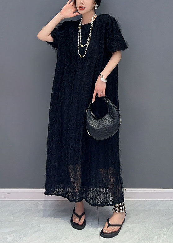 Boutique Black O-neck Ruffled Patchwork Long Lace Dress Summer
