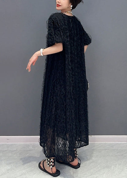 Boutique Black O-neck Ruffled Patchwork Long Lace Dress Summer