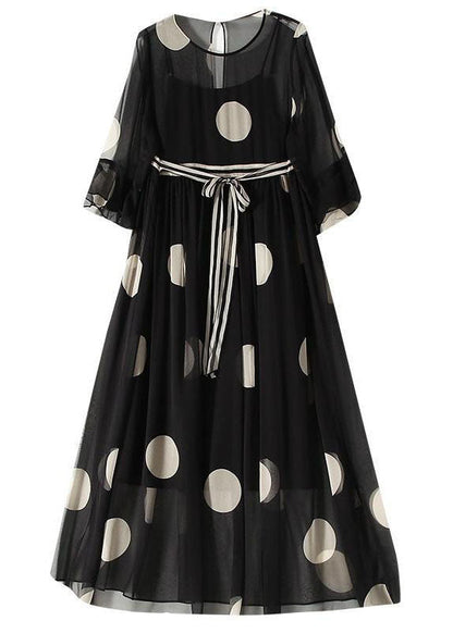 Boutique Black O-neck Tie Waist Dot Print Chiffon Long Dresses Flare Sleeve