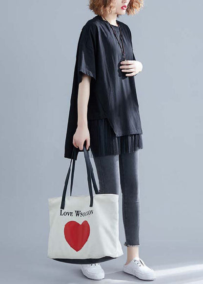 Boutique Black O Neck Tulle Patchwork Cotton T Shirt Short Sleeve