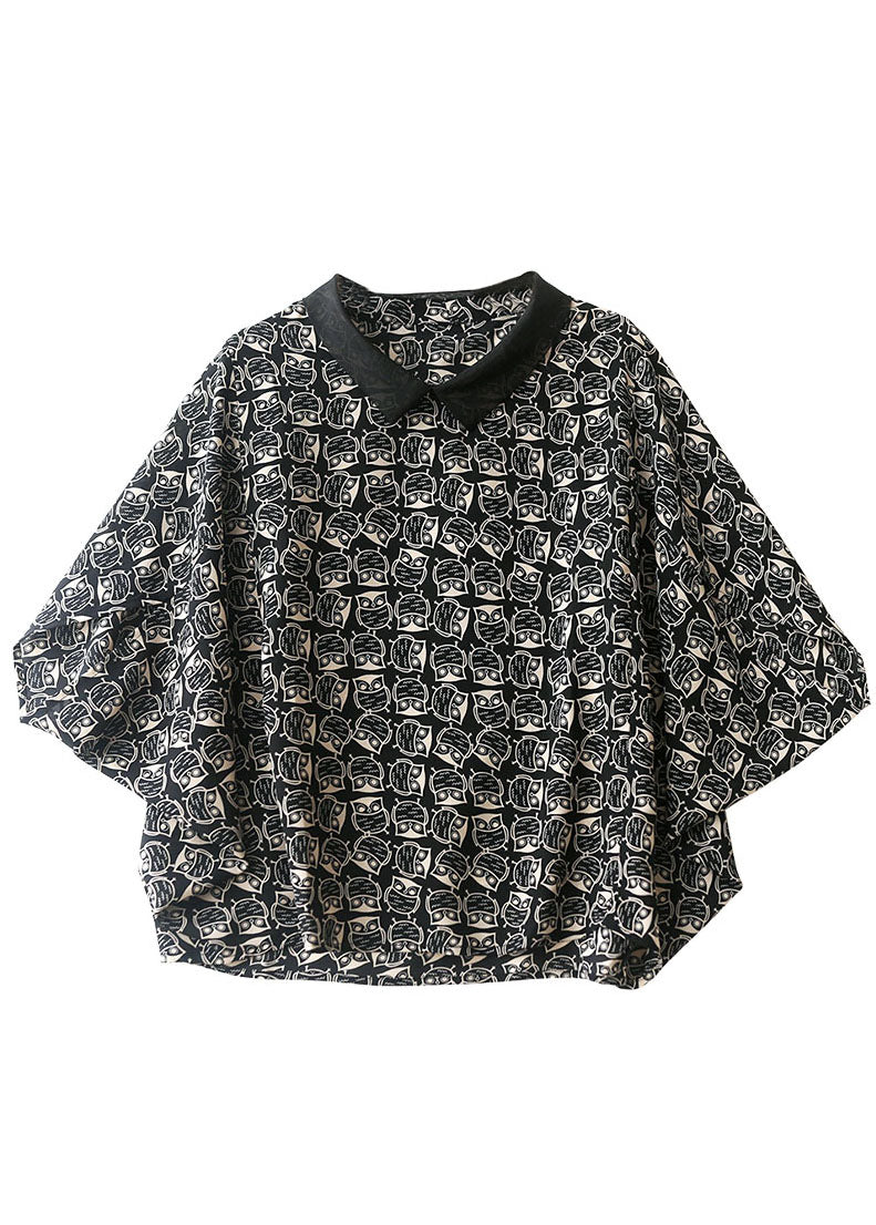 Boutique Black Peter Pan Collar Organza Patchwork Owl Print Chiffon Top Short Sleeve
