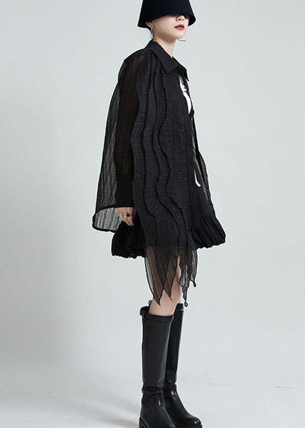 Boutique Black Peter Pan Collar Patchwork Asymmetrical Design Shirt Long Sleeve