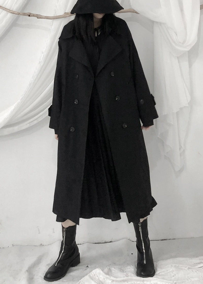 Boutique Black Peter Pan Collar Sashes Button Long Trench Coats Long Sleeve