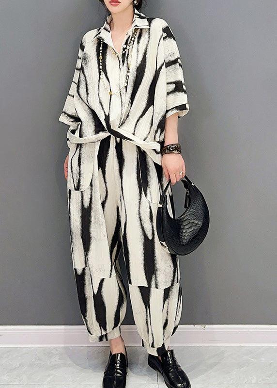 Boutique Black Peter Pan Collar Striped Patchwork Shirts and Lantern Pants Two Pieces Set Short Sleeve