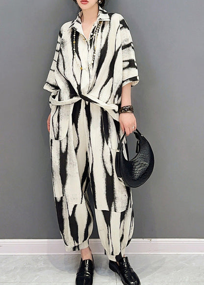 Boutique Black Peter Pan Collar Striped Patchwork Shirts and Lantern Pants Two Pieces Set Short Sleeve