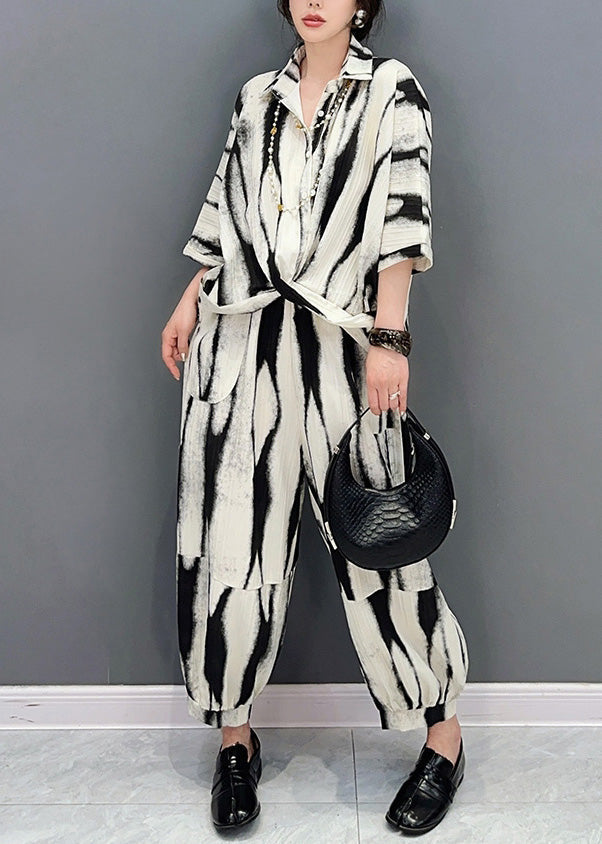 Boutique Black Peter Pan Collar Striped Patchwork Shirts and Lantern Pants Two Pieces Set Short Sleeve