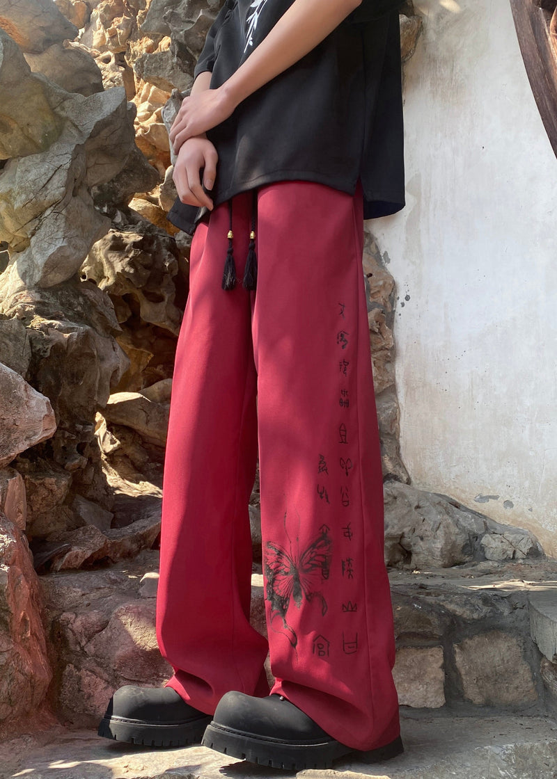 Boutique Black Pockets Butterfly Print Ice Silk Pants Summer