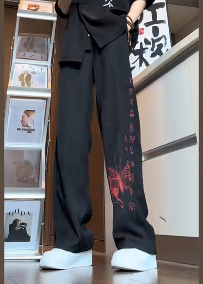 Boutique Black Pockets Butterfly Print Ice Silk Pants Summer