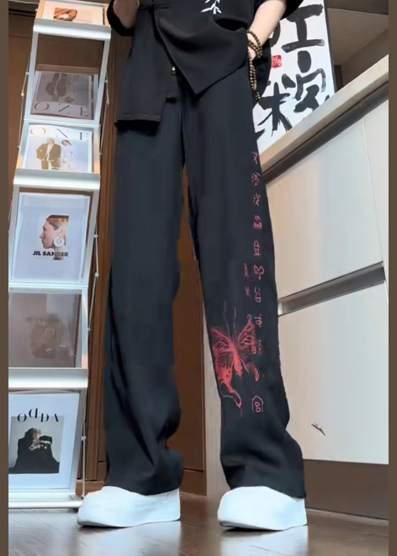 Boutique Black Pockets Butterfly Print Ice Silk Pants Summer