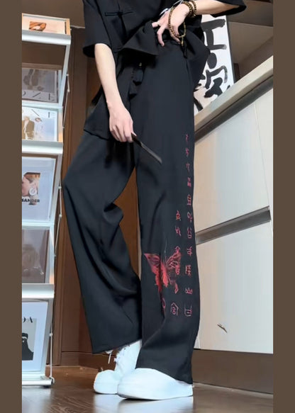 Boutique Black Pockets Butterfly Print Ice Silk Pants Summer