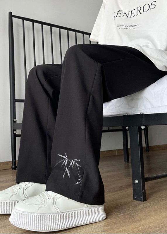 Boutique Black Pockets Print Ice Silk Pants Long Summer