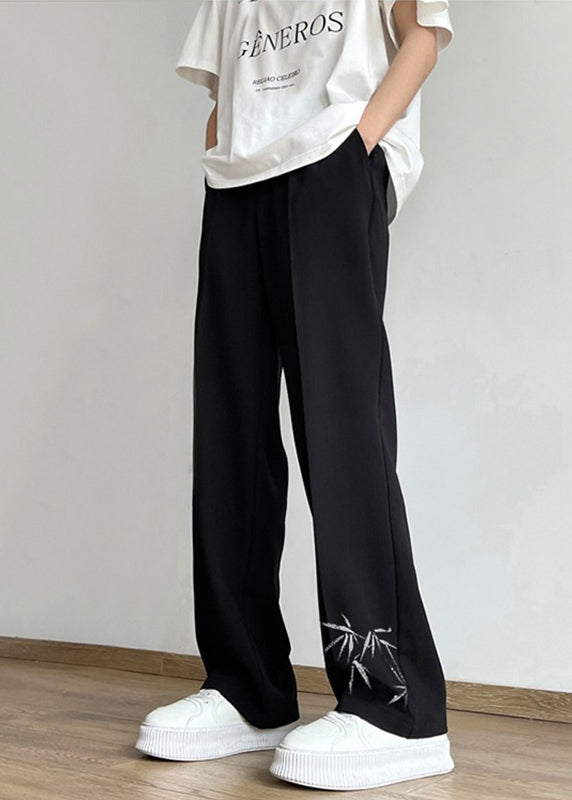 Boutique Black Pockets Print Ice Silk Pants Long Summer