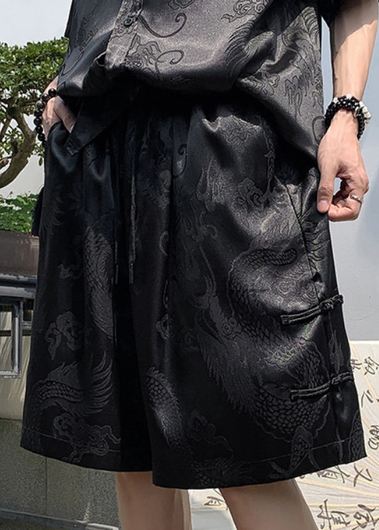 Boutique Black Pockets Print Ice Silk Beach Shorts Summer