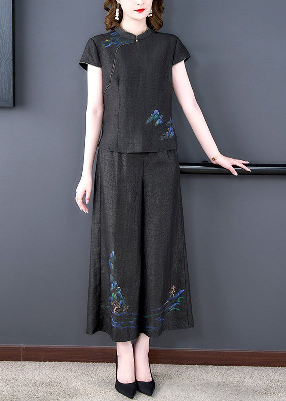 Boutique Black Print Tops and Pants Silk Two Pieces Set Spring